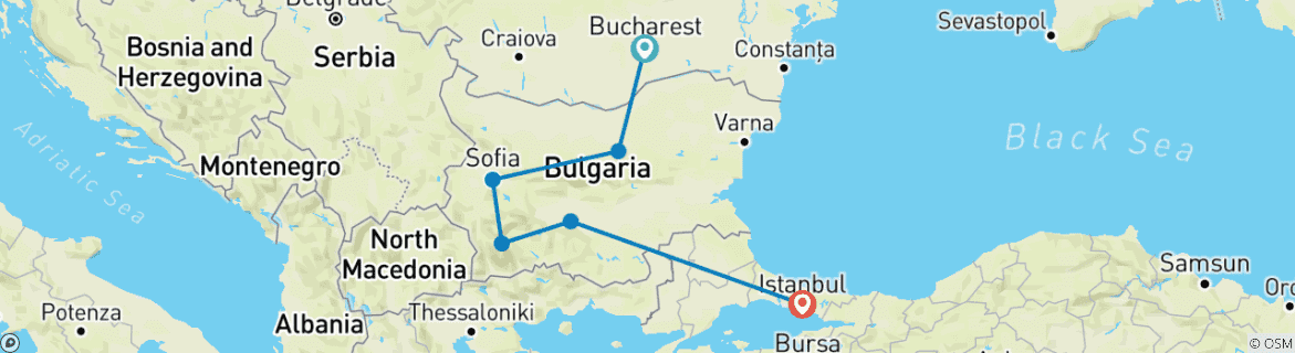 Carte du circuit Europe de l'Est Express (from Bucarest to Istanbul)