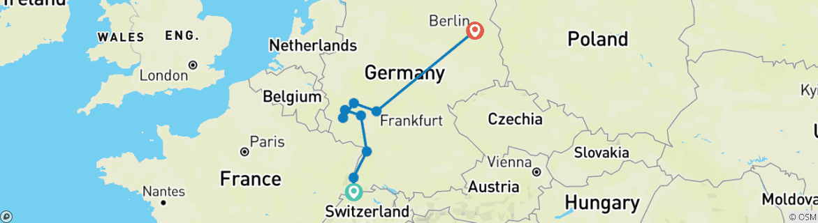 Image of a map showing the route of the tour
