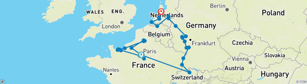 Carte du circuit Le cœur de l'Europe 2027 - 25 jours