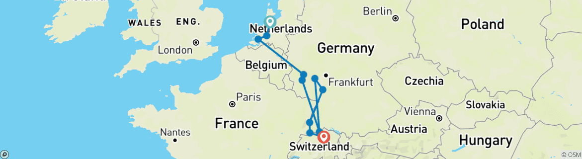 Image of a map showing the route of the tour