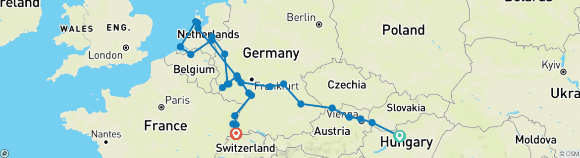 Carte du circuit Joyaux de l'Europe & Rhin romantique et Moselle 2027 - 29 jours