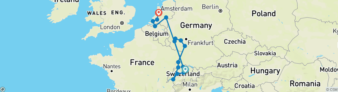 Image of a map showing the route of the tour