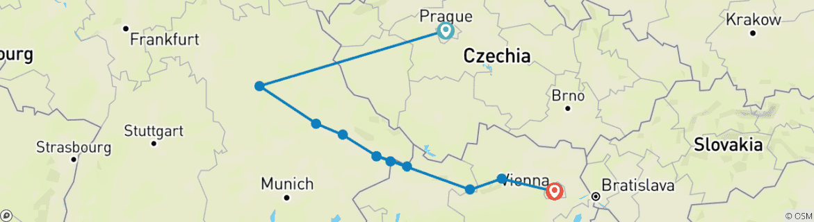 Carte du circuit Vignobles et palais le long du Danube avec Prague (2027) (Prague à Vienne, 2027)