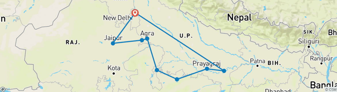 Image of a map showing the route of the tour
