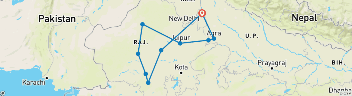 Image of a map showing the route of the tour