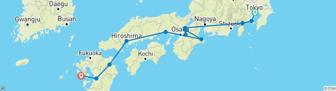 Image of a map showing the route of the tour