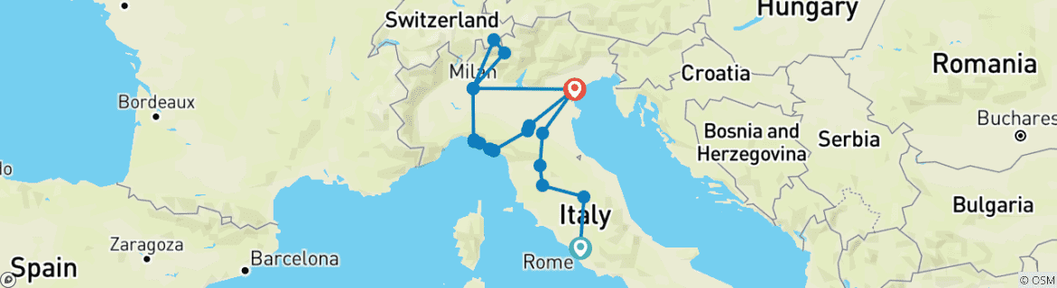 Image of a map showing the route of the tour