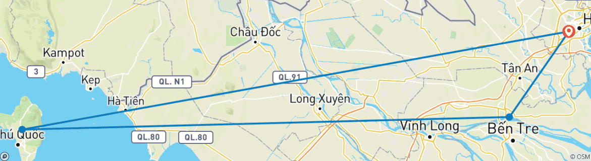 Image of a map showing the route of the tour