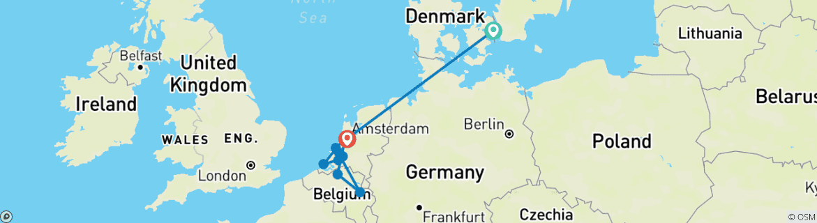 Image of a map showing the route of the tour