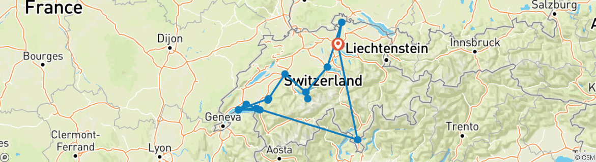 Image of a map showing the route of the tour