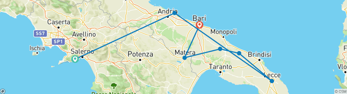 Carte du circuit Explorez le sud de l'Italie