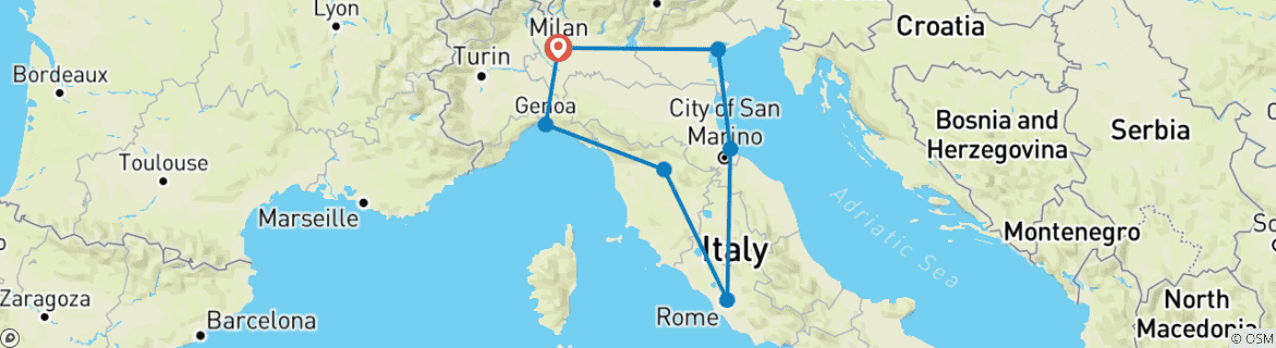 Carte du circuit 14 jours d'Italie du Nord en autocar - Circuit de groupe