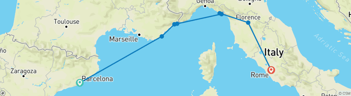 Kaart van Barcelona naar Rome: Mediterrane Magie