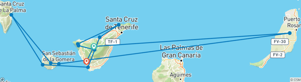 Image of a map showing the route of the tour
