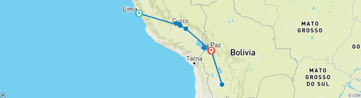 Carte du circuit Le meilleur du Pérou et de la Bolivie : circuit aventure de 14 jours