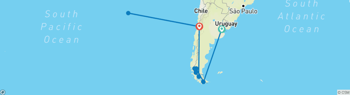 Karte von Argentinien & Chile Rundreise - 19 Tage Patagonien Pur & Mystische Osterinsel