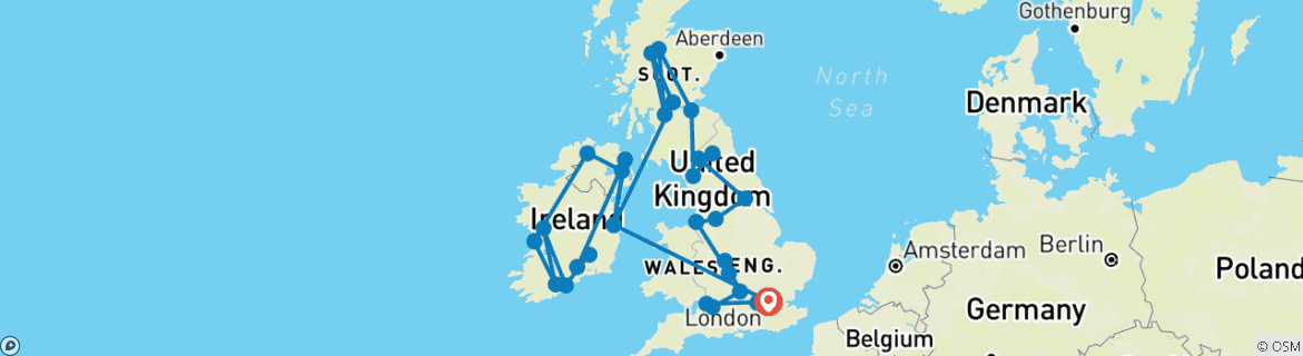 Image of a map showing the route of the tour