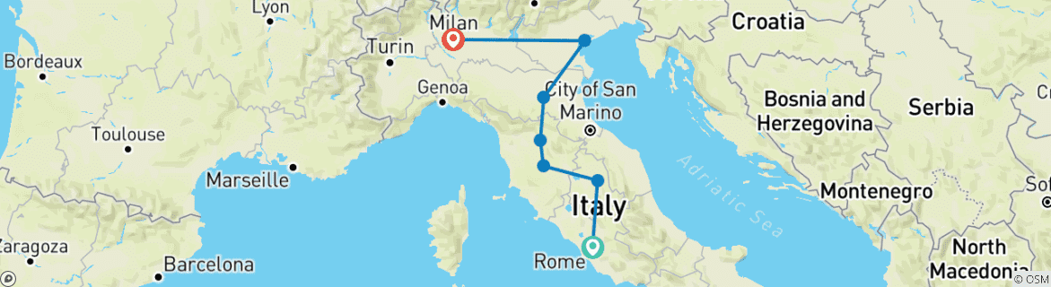 Image of a map showing the route of the tour