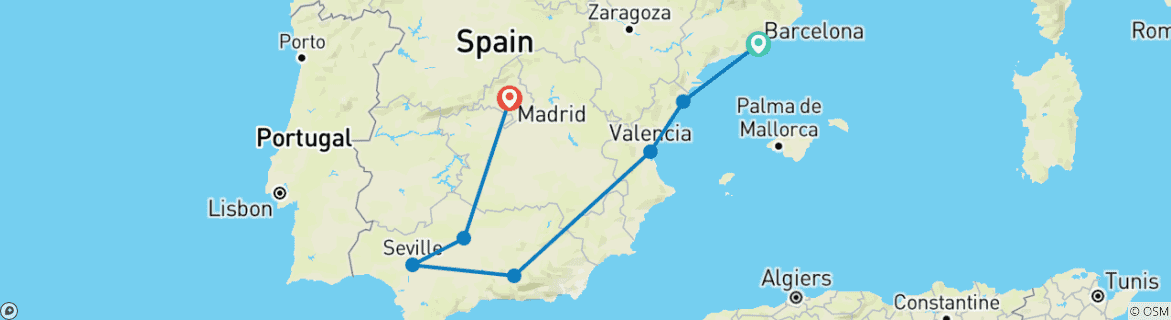 Image of a map showing the route of the tour