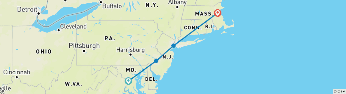 Image of a map showing the route of the tour