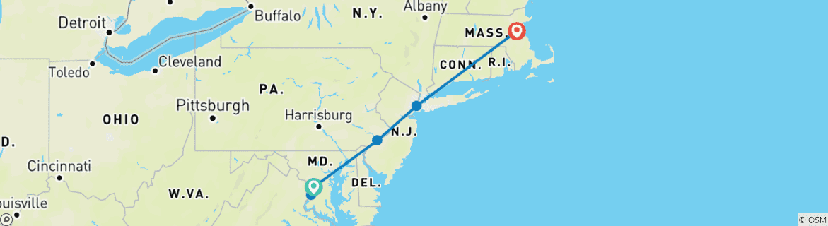 Image of a map showing the route of the tour
