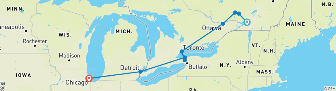 Image of a map showing the route of the tour