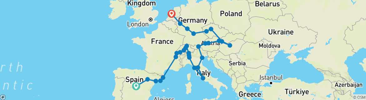 Image of a map showing the route of the tour