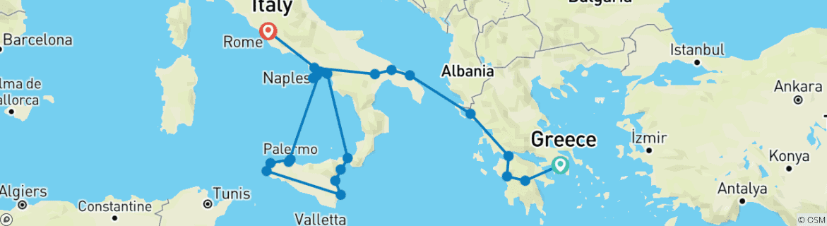 Carte du circuit Athènes, la péninsule et la Sicile complète (22 destinations)