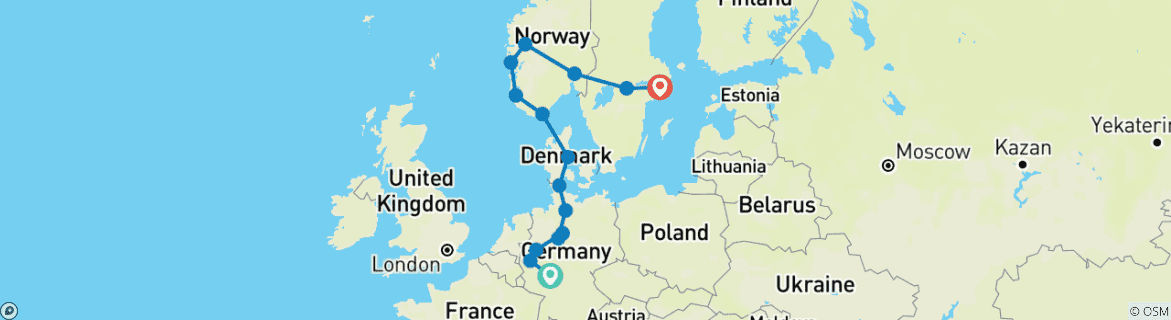 Image of a map showing the route of the tour