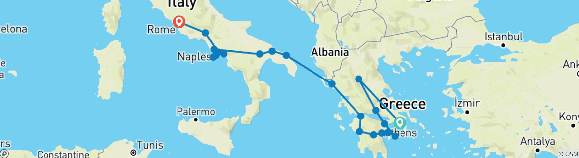 Image of a map showing the route of the tour