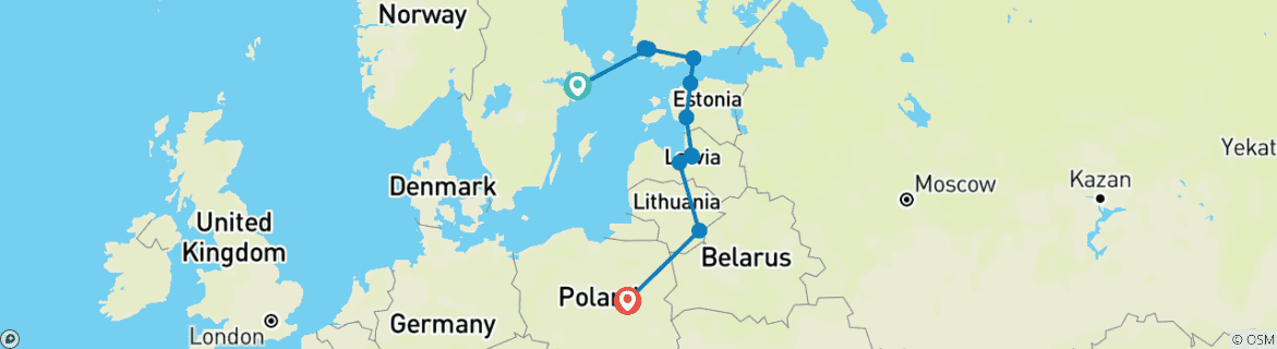 Image of a map showing the route of the tour