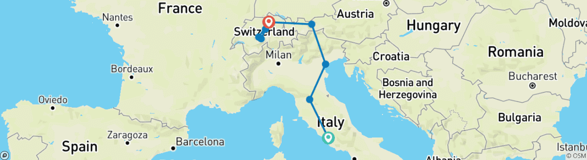 Carte du circuit Italie et Suisse classique (9 destinations)