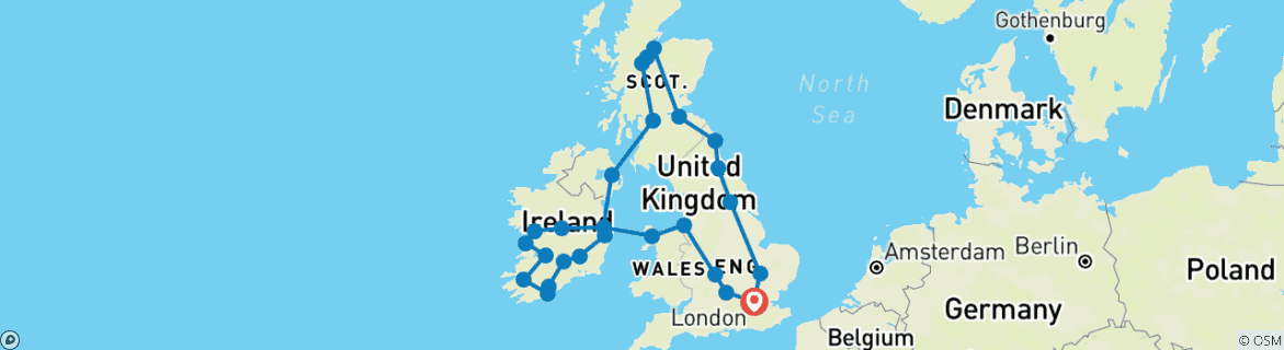 Image of a map showing the route of the tour