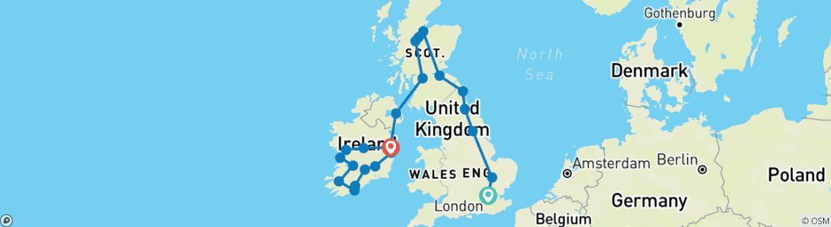 Carte du circuit L'Angleterre, l'Écosse et l'Irlande terminent à Dublin