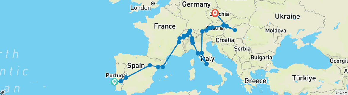 Image of a map showing the route of the tour