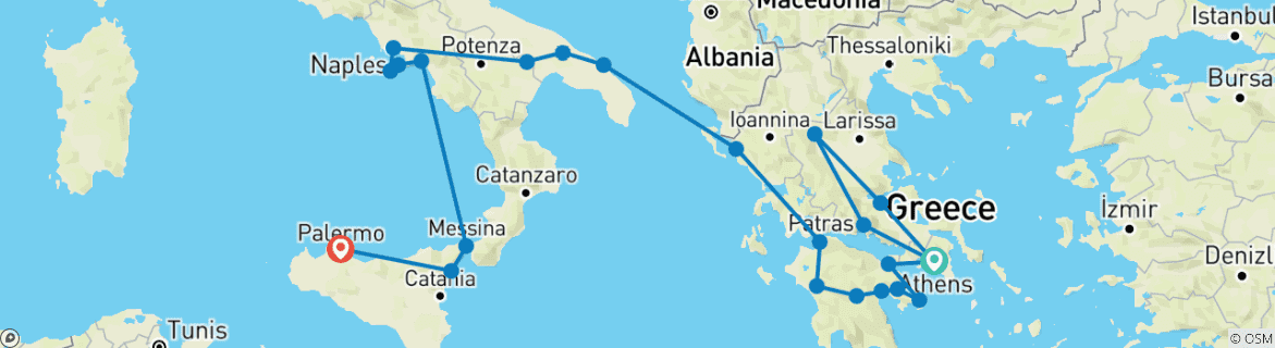 Carte du circuit Grèce complète, Pouilles, Campanie et Sicile (23 destinations)