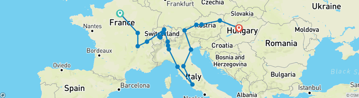 Image of a map showing the route of the tour