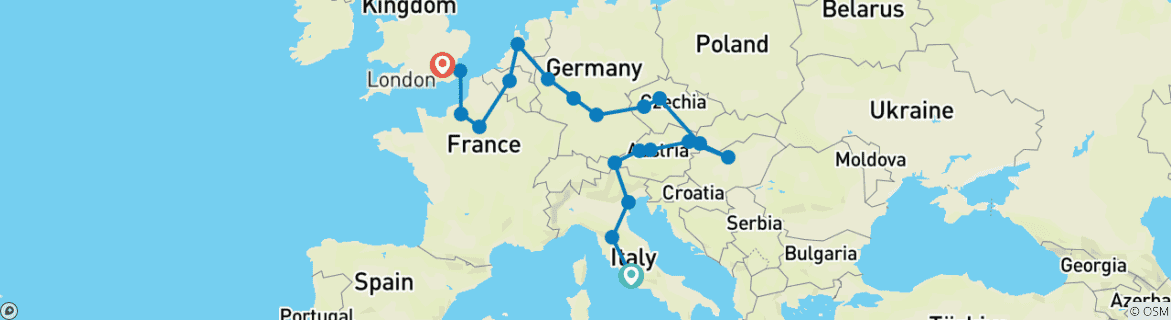 Image of a map showing the route of the tour