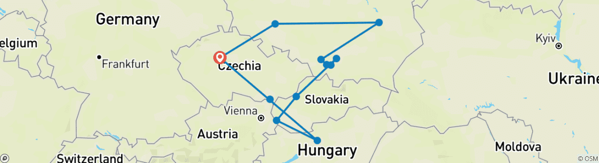 Carte du circuit République tchèque, Budapest et cœur de la Pologne, avec une arrivée à Prague
