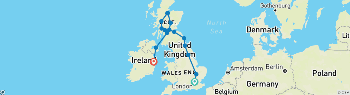 Carte du circuit Vaste Royaume- Uni et Irlande fin Dublin