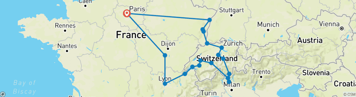 Carte du circuit France et Suisse avec l'Alsace enchantée (including Fribourg)