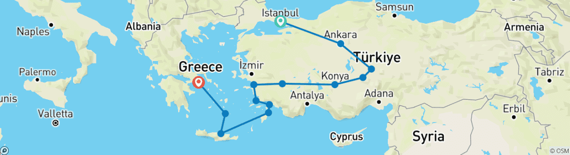 Image of a map showing the route of the tour