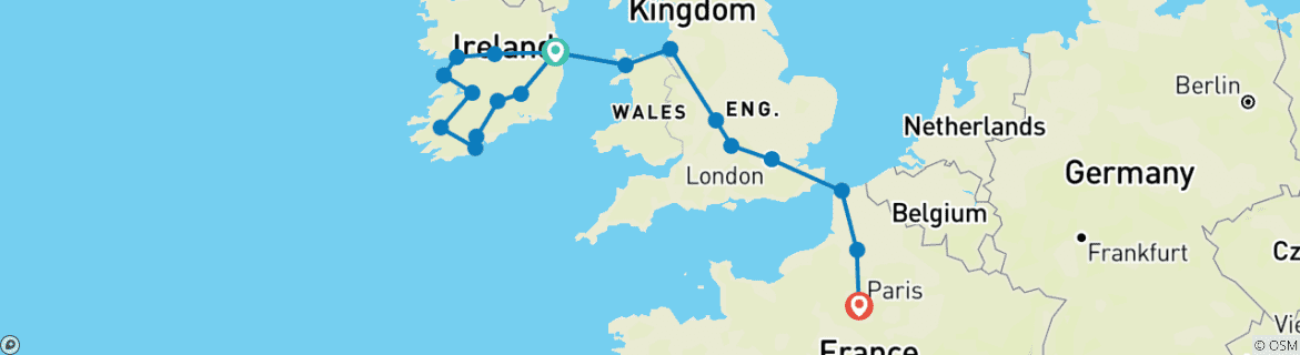 Image of a map showing the route of the tour