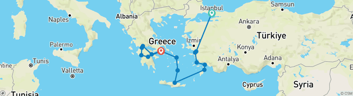 Image of a map showing the route of the tour