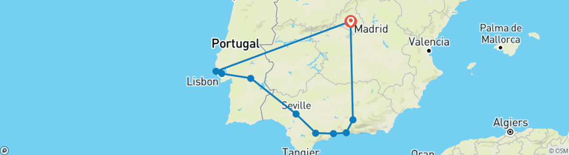 Image of a map showing the route of the tour