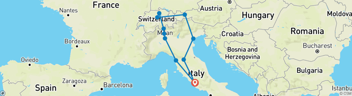 Carte du circuit Italie et Suisse ROT (22 destinations)