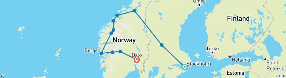 Image of a map showing the route of the tour