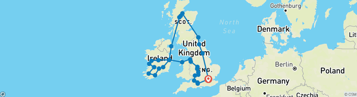 Image of a map showing the route of the tour