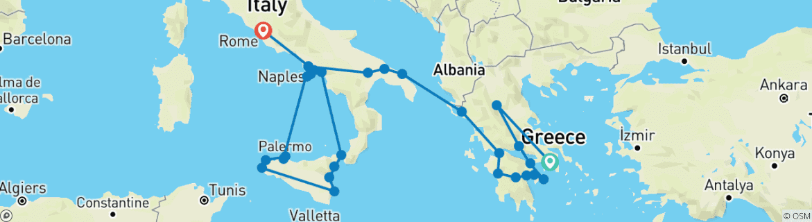 Image of a map showing the route of the tour