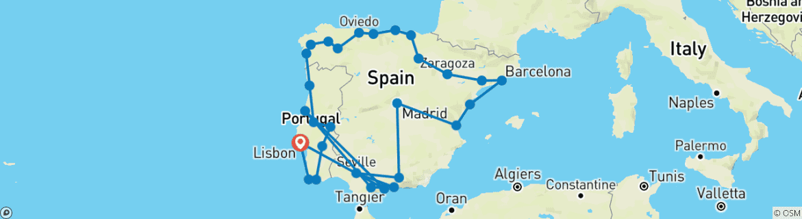 Image of a map showing the route of the tour